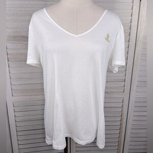LAUREN (Ralph Lauren) Women's Cotton V Neck Logo Tee White/Gold-XL